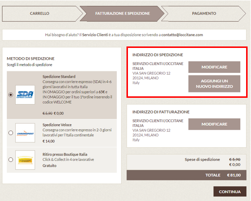 Come modificare indirizzo spedizione