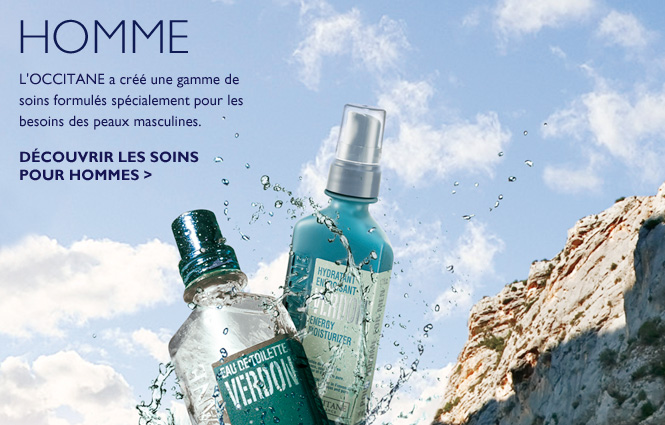 HOMME L'Occitane a cr&eacute;&eacute; une gamme de soins formul&eacute;s sp&eacute;cialement pour les besoins des peaux masculines - DECOUVRIR LES SOINS POUR HOMMES > 