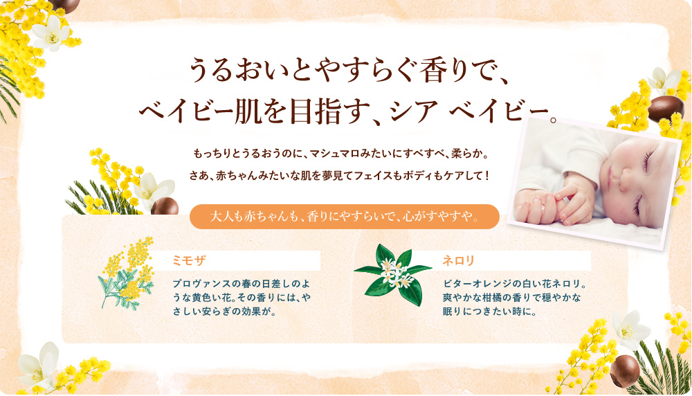 うるおいとやすらぐ香りで、 ベイビー肌を目指す、シア ベイビー。