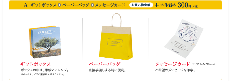 ギフトボックス+ペーパーバッグ+メッセージカード お買い物金額 + 本体価格 300円（+税）